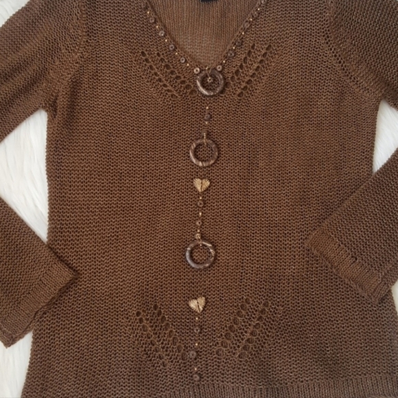 BCBGMaxAzria Boho Brown Crochet Open Knit Pullover Top V-neck Sweater Wood - Picture 4 of 10